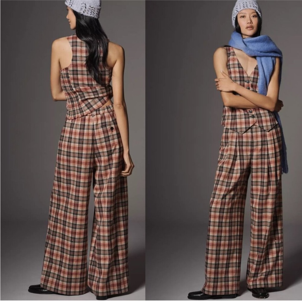Maeve Wide-Leg Plaid Trousers in Brown & Cream - Picture 2 of 3